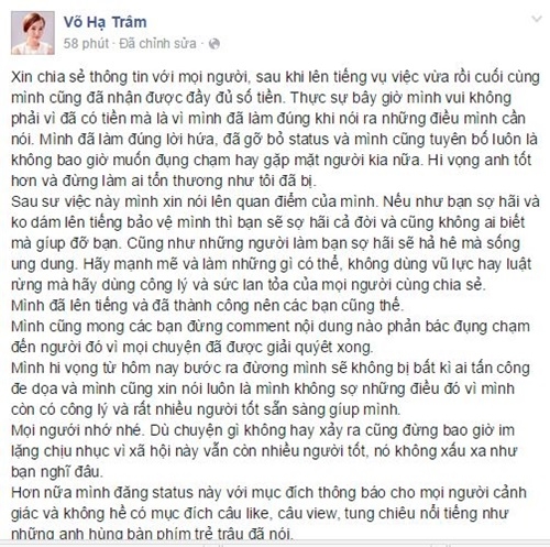 Võ Hạ Trâm chia sẻ thông tin về việc cô tố bầu sô quỵt tiền.